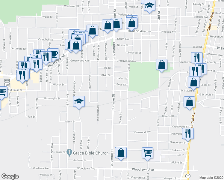 map of restaurants, bars, coffee shops, grocery stores, and more near 914 Summer Street in Hot Springs