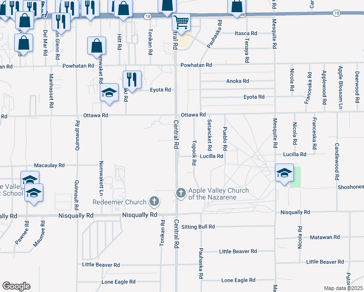 map of restaurants, bars, coffee shops, grocery stores, and more near 13117 Central Outerhighway East in Apple Valley