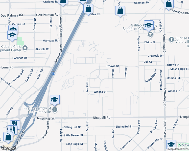 map of restaurants, bars, coffee shops, grocery stores, and more near 13240 Cabazon Way in Victorville