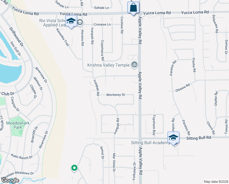 map of restaurants, bars, coffee shops, grocery stores, and more near 19204 Monterey Street in Apple Valley