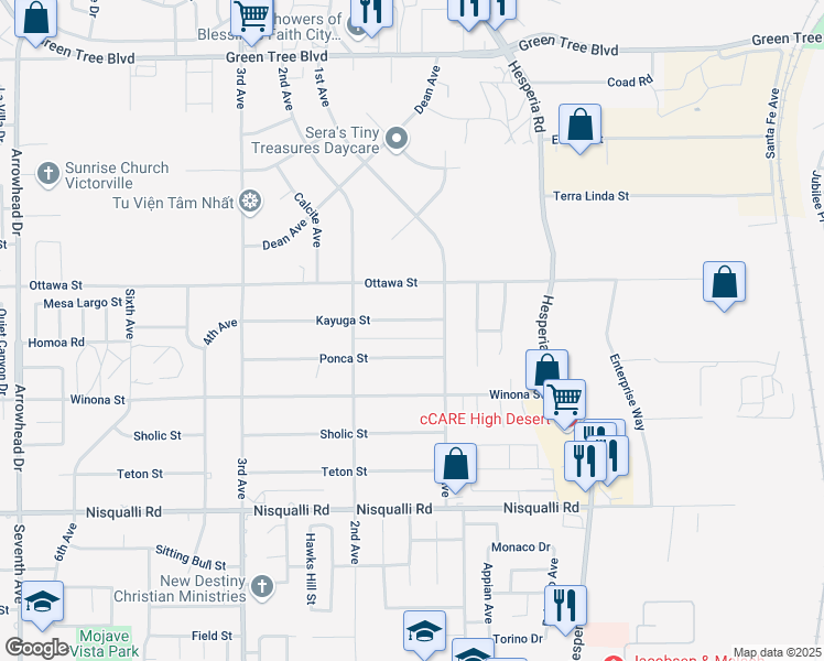 map of restaurants, bars, coffee shops, grocery stores, and more near 16803 Kayuga Street in Victorville