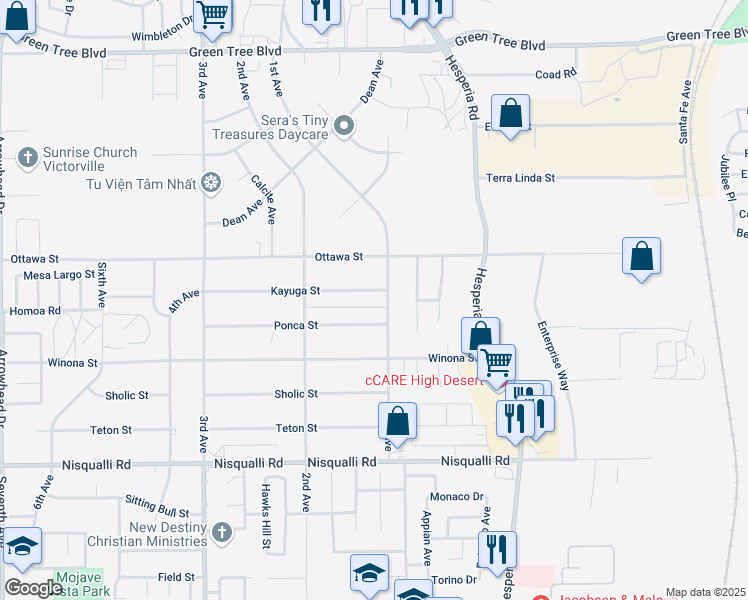 map of restaurants, bars, coffee shops, grocery stores, and more near 16803 Kayuga Street in Victorville