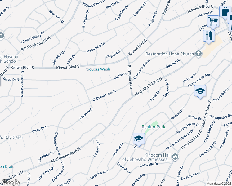 map of restaurants, bars, coffee shops, grocery stores, and more near 3072 El Dorado Avenue North in Lake Havasu City
