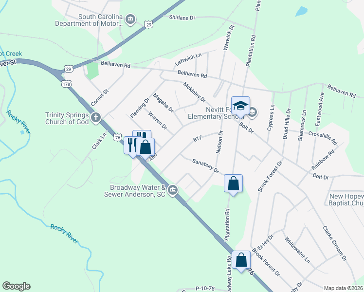 map of restaurants, bars, coffee shops, grocery stores, and more near 1004 Fairfield Drive in Anderson