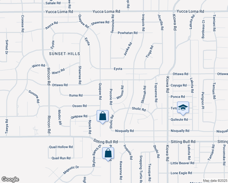 map of restaurants, bars, coffee shops, grocery stores, and more near 13197 Pocono Road in Apple Valley
