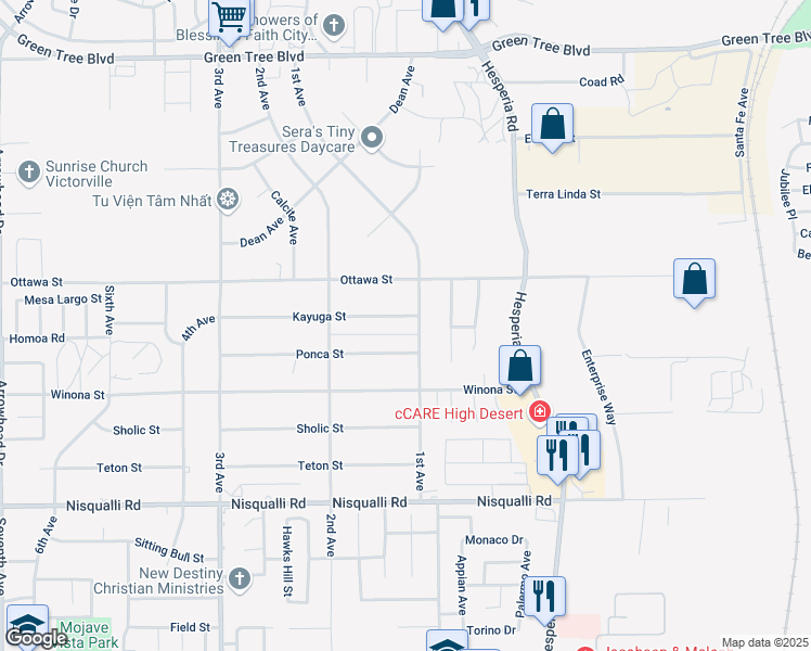 map of restaurants, bars, coffee shops, grocery stores, and more near 16803 Kayuga Street in Victorville