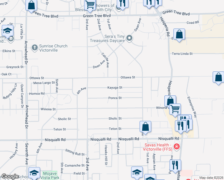 map of restaurants, bars, coffee shops, grocery stores, and more near 16657 Kayuga Street in Victorville