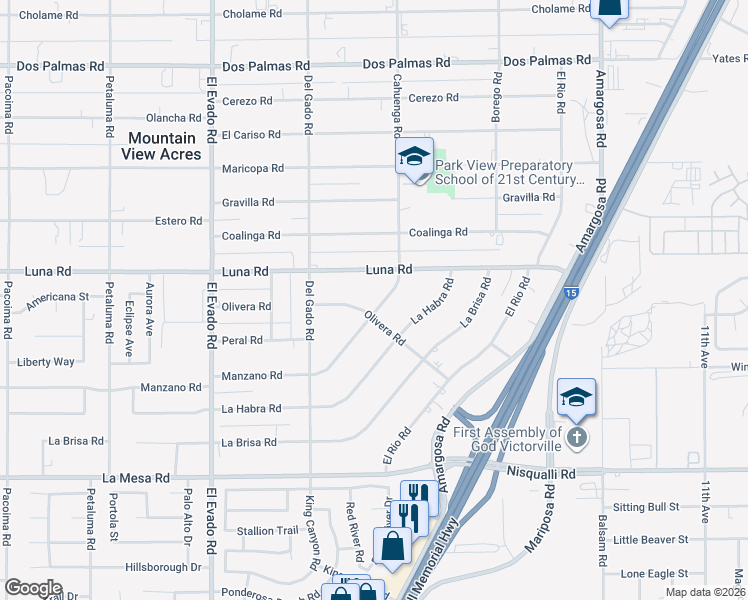 map of restaurants, bars, coffee shops, grocery stores, and more near 14796 Olivera Road in Victorville