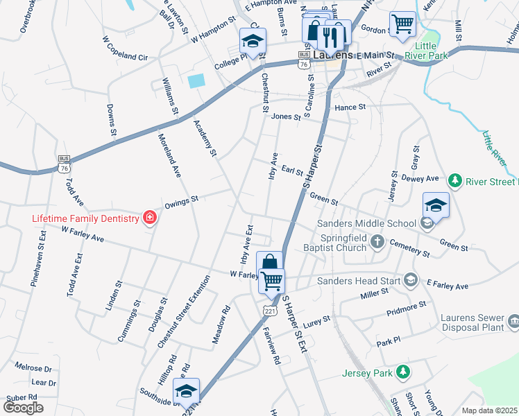 map of restaurants, bars, coffee shops, grocery stores, and more near 204 Academy Street in Laurens