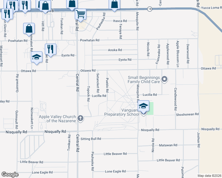 map of restaurants, bars, coffee shops, grocery stores, and more near 13156 Setancket Road in Apple Valley