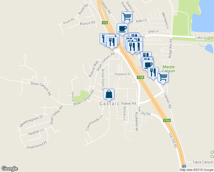 map of restaurants, bars, coffee shops, grocery stores, and more near 31511 Cherry Drive in Castaic