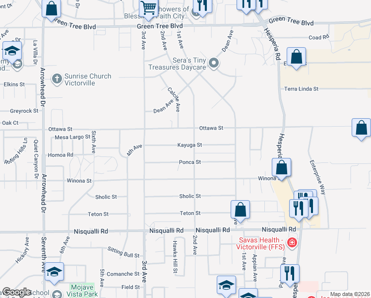 map of restaurants, bars, coffee shops, grocery stores, and more near 16657 Kayuga Street in Victorville