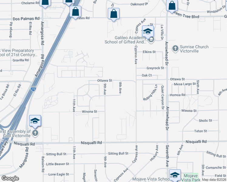 map of restaurants, bars, coffee shops, grocery stores, and more near 13227 El Cabo Court in Victorville