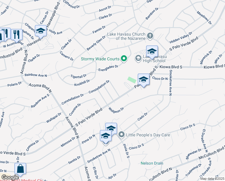 map of restaurants, bars, coffee shops, grocery stores, and more near 2483 Constellation Drive in Lake Havasu City