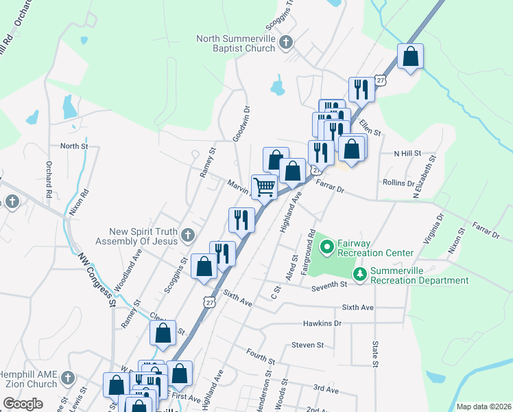 map of restaurants, bars, coffee shops, grocery stores, and more near 10891 Commerce Street in Summerville