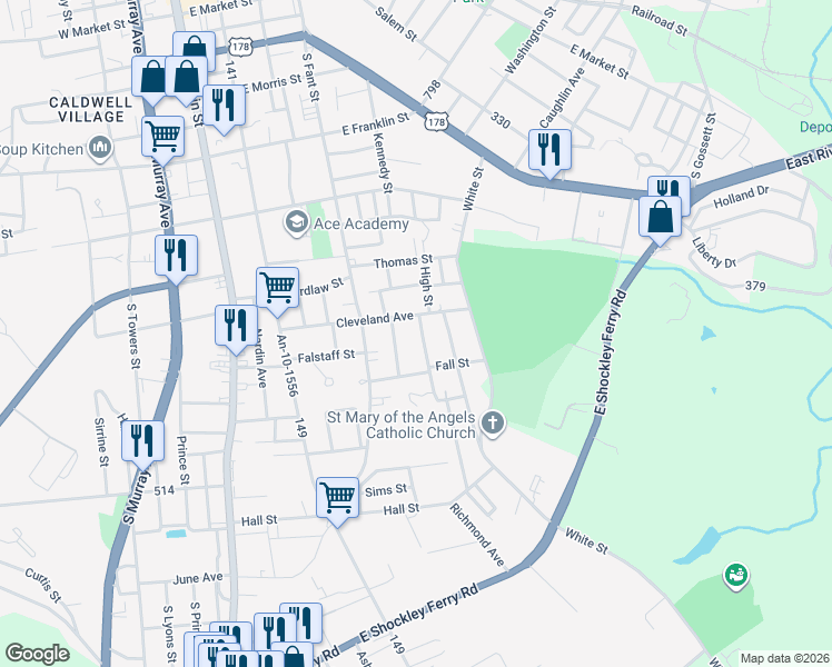 map of restaurants, bars, coffee shops, grocery stores, and more near 1506 Fall Street in Anderson