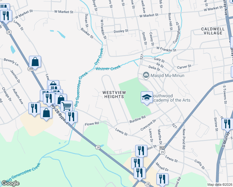 map of restaurants, bars, coffee shops, grocery stores, and more near 241 Hillcrest Circle in Anderson