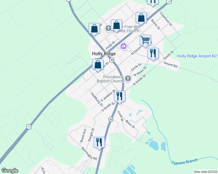 map of restaurants, bars, coffee shops, grocery stores, and more near Pine Street in Holly Ridge