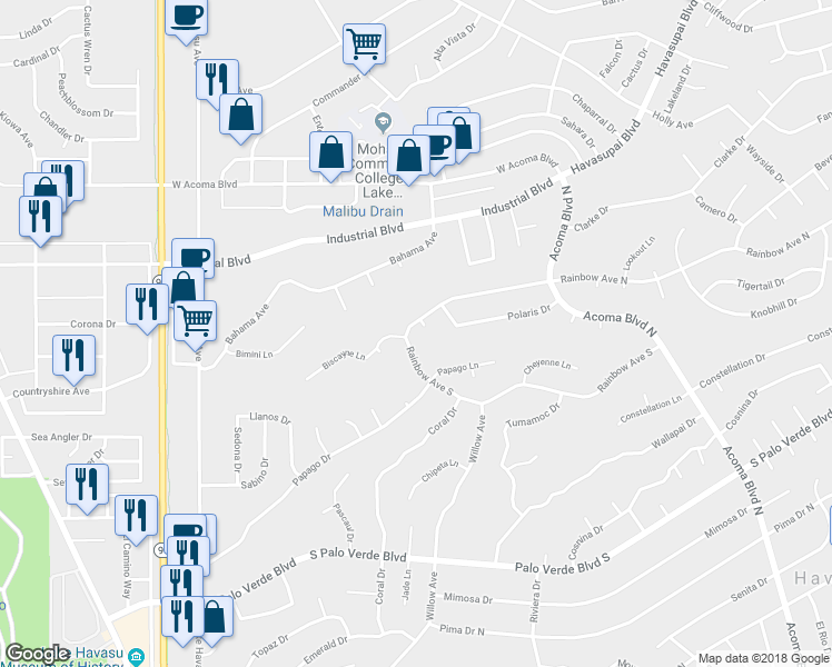 map of restaurants, bars, coffee shops, grocery stores, and more near 1942 Rainbow Avenue North in Lake Havasu City