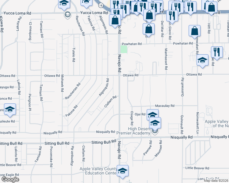 map of restaurants, bars, coffee shops, grocery stores, and more near 13192 Navajo Road in Apple Valley