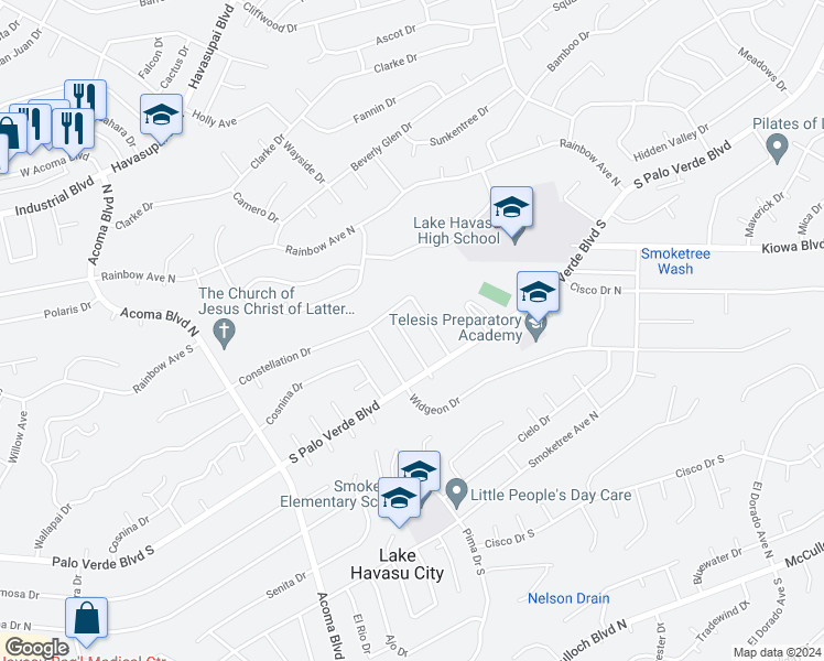 map of restaurants, bars, coffee shops, grocery stores, and more near 415 Hummingbird Drive in Lake Havasu City
