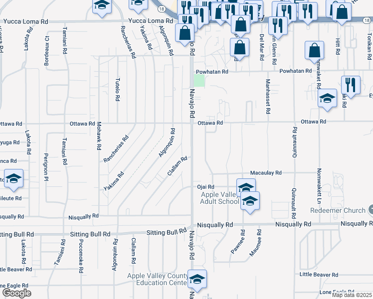 map of restaurants, bars, coffee shops, grocery stores, and more near 13176 Navajo Road in Apple Valley