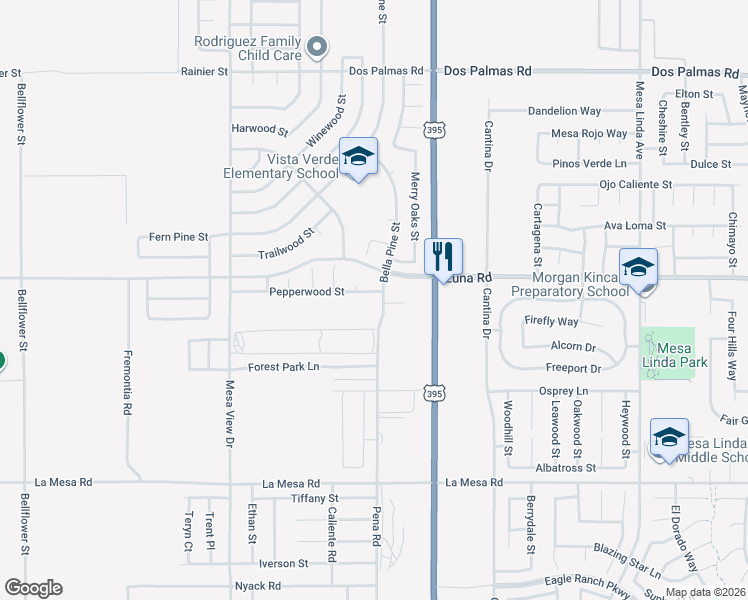 map of restaurants, bars, coffee shops, grocery stores, and more near 11987 Pepperwood Street in Victorville