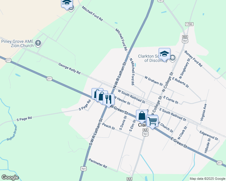map of restaurants, bars, coffee shops, grocery stores, and more near U.S. 701 Highway in Clarkton