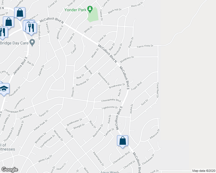 map of restaurants, bars, coffee shops, grocery stores, and more near 3881 Breakwater Drive in Lake Havasu City