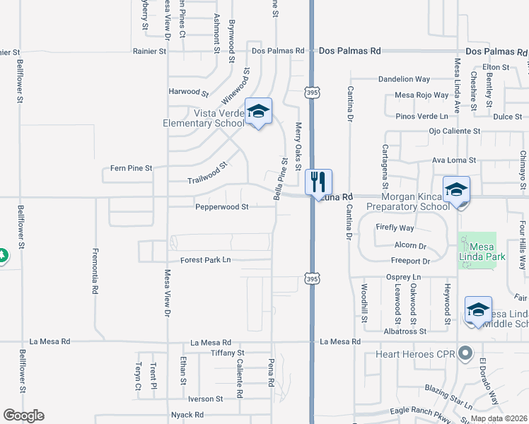 map of restaurants, bars, coffee shops, grocery stores, and more near 11971 Pepperwood Street in Victorville