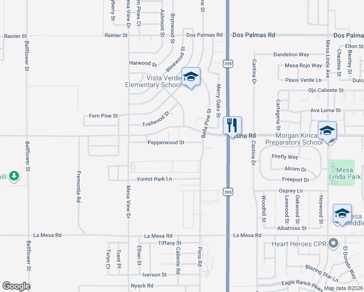 map of restaurants, bars, coffee shops, grocery stores, and more near 11913 Pepperwood Street in Victorville