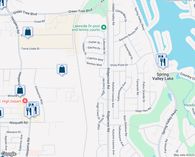 map of restaurants, bars, coffee shops, grocery stores, and more near 17633 High Mesa Street in Victorville