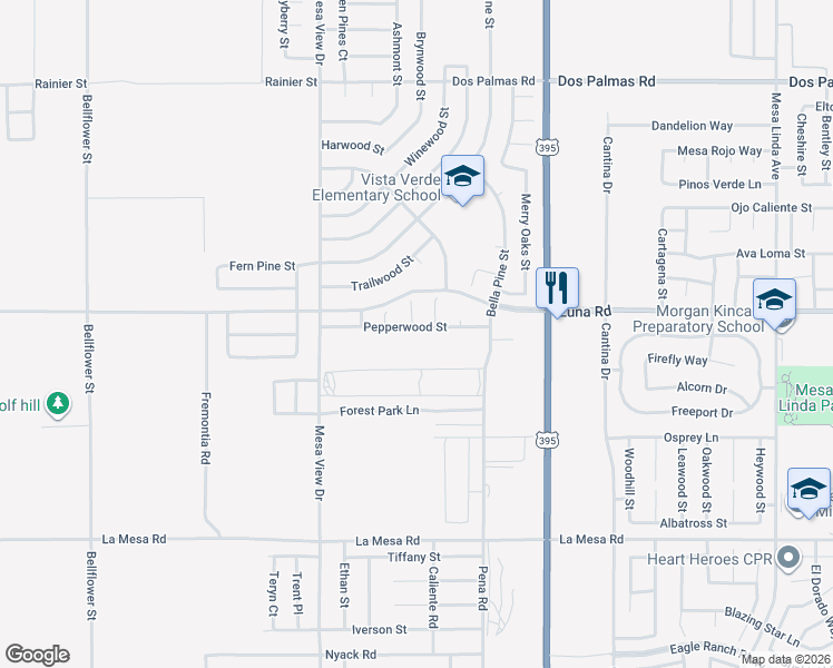 map of restaurants, bars, coffee shops, grocery stores, and more near 11875 Pepperwood Street in Victorville