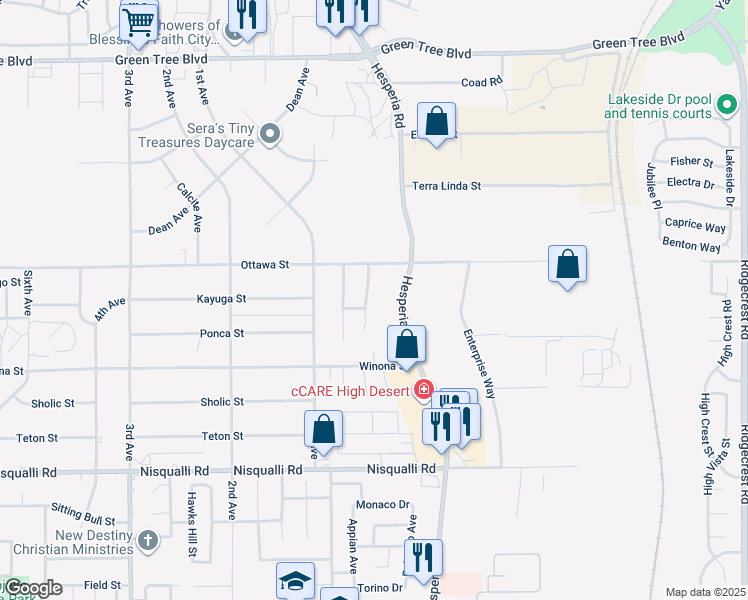 map of restaurants, bars, coffee shops, grocery stores, and more near 13229 Great Falls Avenue in Victorville