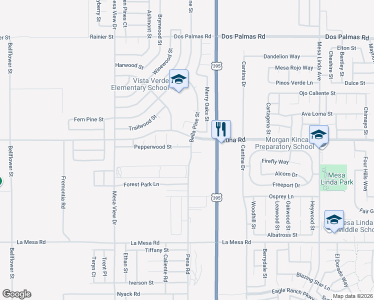map of restaurants, bars, coffee shops, grocery stores, and more near 11987 Pepperwood Street in Victorville