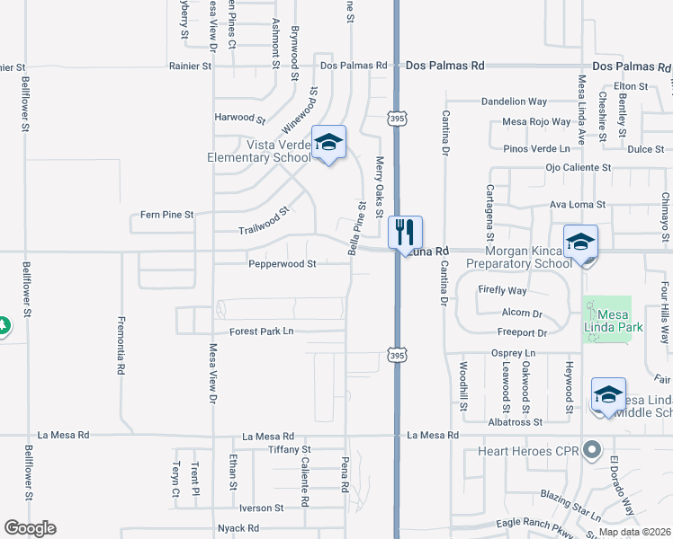 map of restaurants, bars, coffee shops, grocery stores, and more near 11971 Pepperwood Street in Victorville
