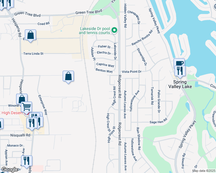 map of restaurants, bars, coffee shops, grocery stores, and more near 17633 High Mesa Street in Victorville