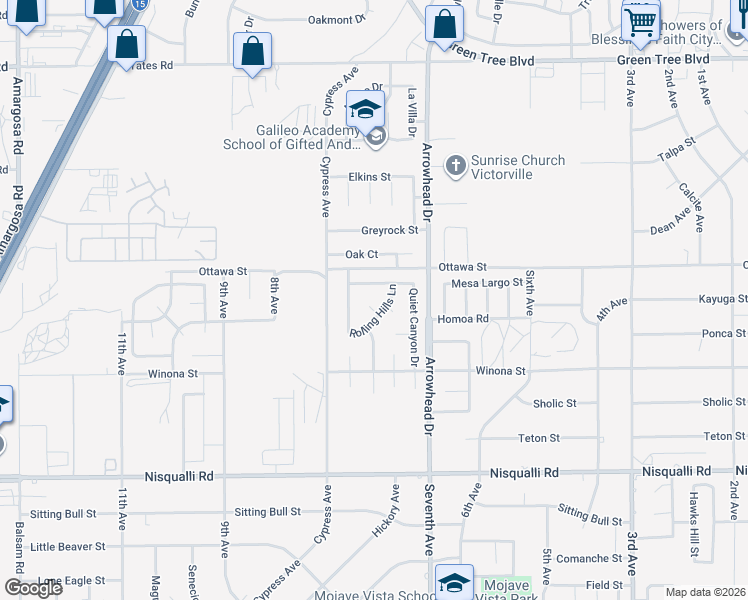 map of restaurants, bars, coffee shops, grocery stores, and more near 13192 Rolling Hills Lane in Victorville
