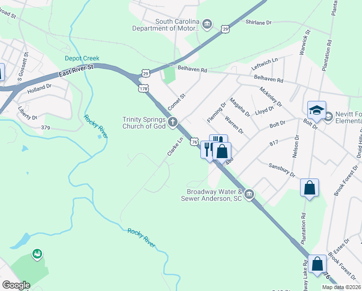 map of restaurants, bars, coffee shops, grocery stores, and more near 2208 East River Street in Anderson