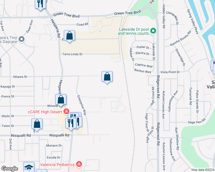 map of restaurants, bars, coffee shops, grocery stores, and more near 13243 Nutro Way in Victorville