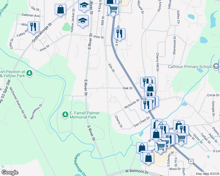 map of restaurants, bars, coffee shops, grocery stores, and more near 222 Oak Street in Calhoun