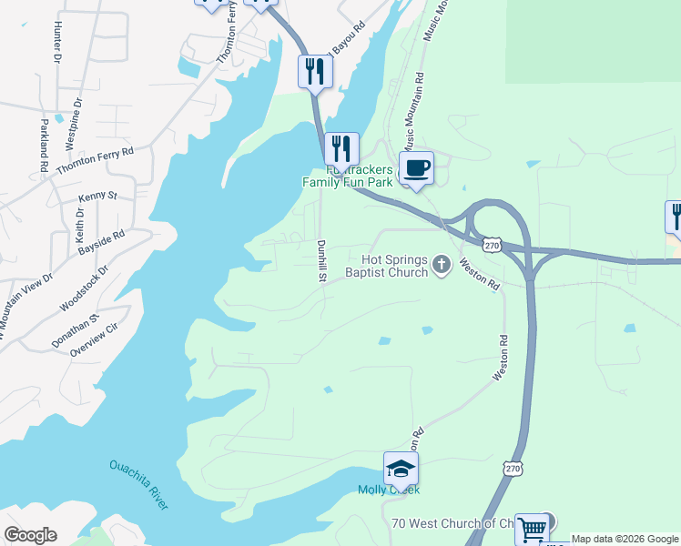 map of restaurants, bars, coffee shops, grocery stores, and more near 201 Dunhill Street in Hot Springs