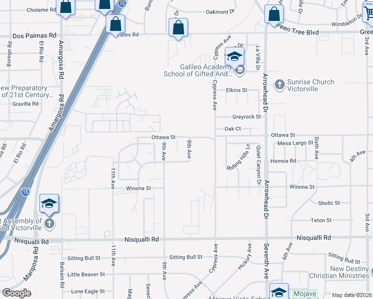 map of restaurants, bars, coffee shops, grocery stores, and more near 13256 8th Avenue in Victorville