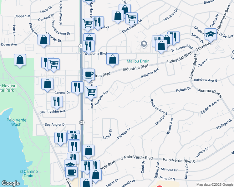 map of restaurants, bars, coffee shops, grocery stores, and more near 1775 Bimini Lane in Lake Havasu City