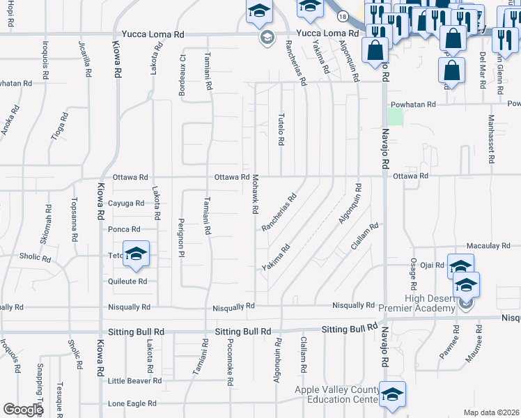 map of restaurants, bars, coffee shops, grocery stores, and more near 13177 Mohawk Road in Apple Valley