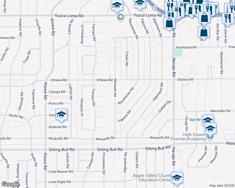 map of restaurants, bars, coffee shops, grocery stores, and more near 13177 Mohawk Road in Apple Valley