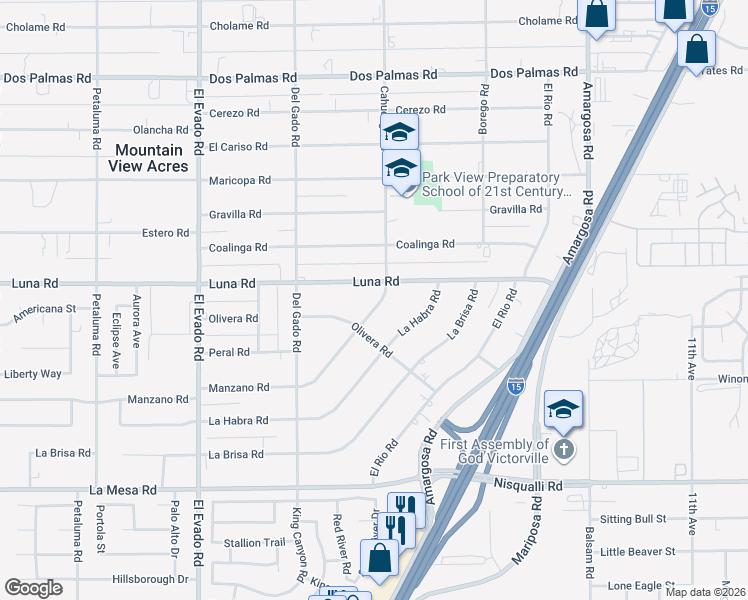 map of restaurants, bars, coffee shops, grocery stores, and more near 14860 Manzano Road in Victorville
