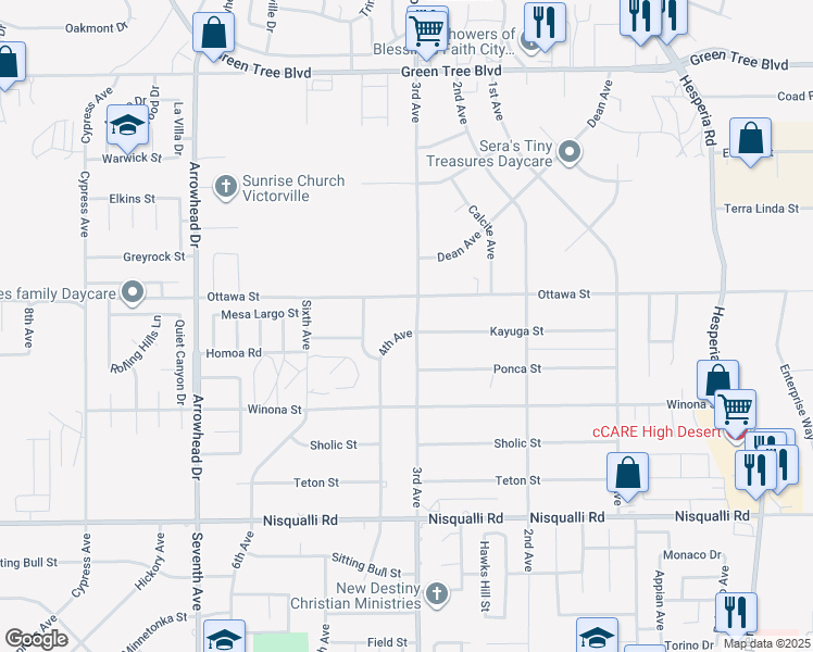 map of restaurants, bars, coffee shops, grocery stores, and more near 16480 Kayuga Street in Victorville