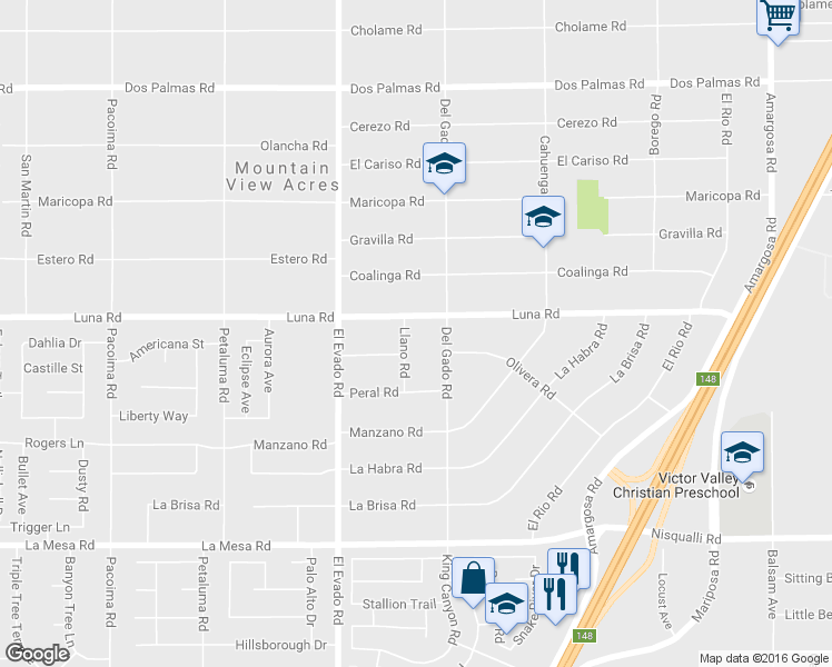 map of restaurants, bars, coffee shops, grocery stores, and more near 13269 Llano Road in Victorville