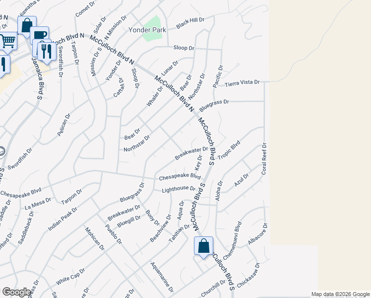 map of restaurants, bars, coffee shops, grocery stores, and more near 3880 Breakwater Drive in Lake Havasu City
